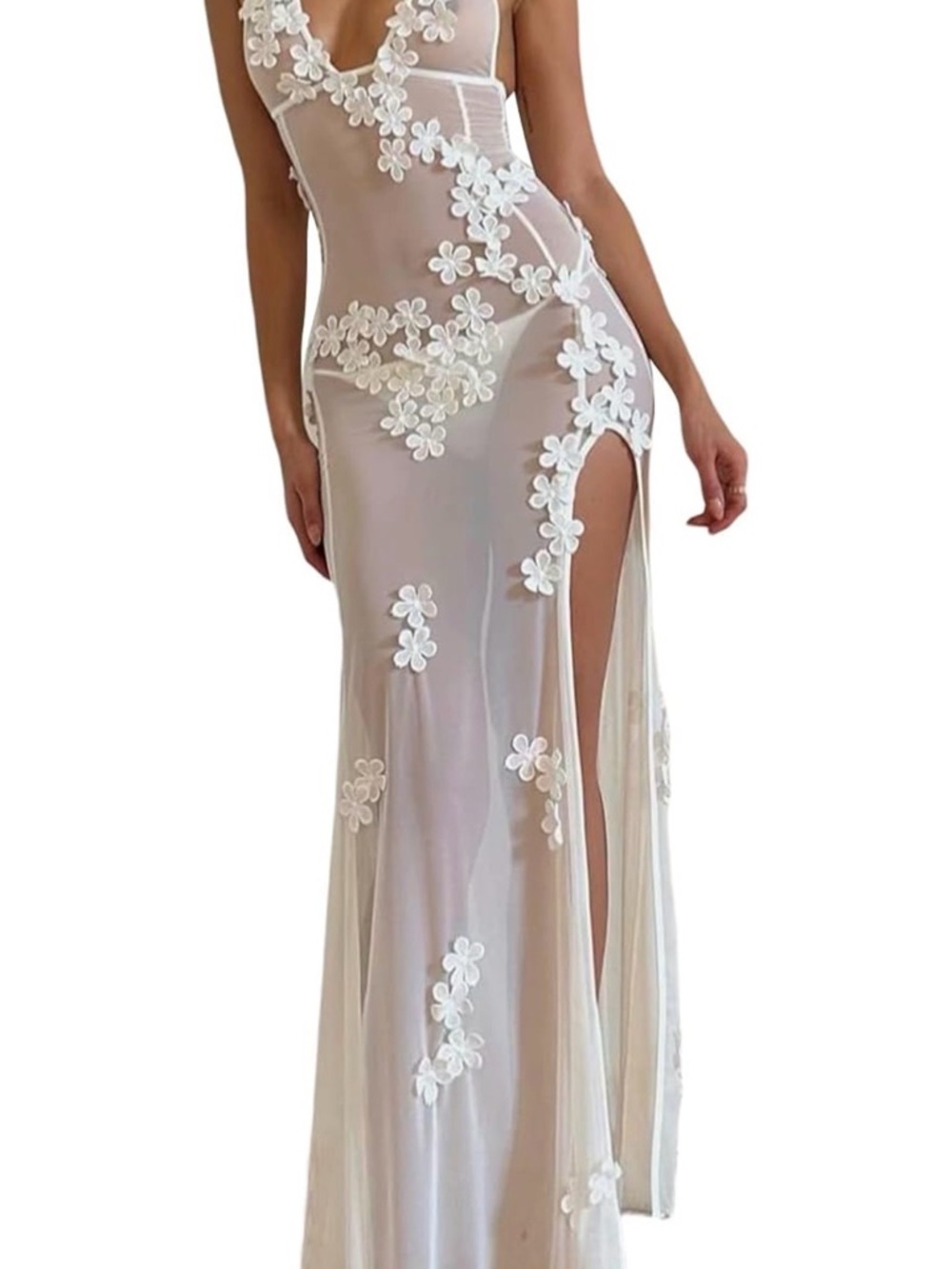 Sheer White Floral Appliqué Maxi Dress – Festival / Beach / Bridal